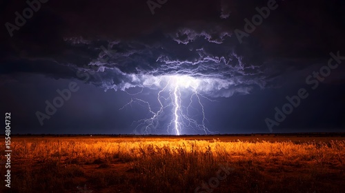 A dramatic lightning strike illuminates a vast open field du a powerful thunderstorm at night showcasing the raw power of nature in a breathtaking display of atmospheric