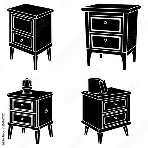 Illustration of four bedside tables with drawers and various decorative items on top in black and white