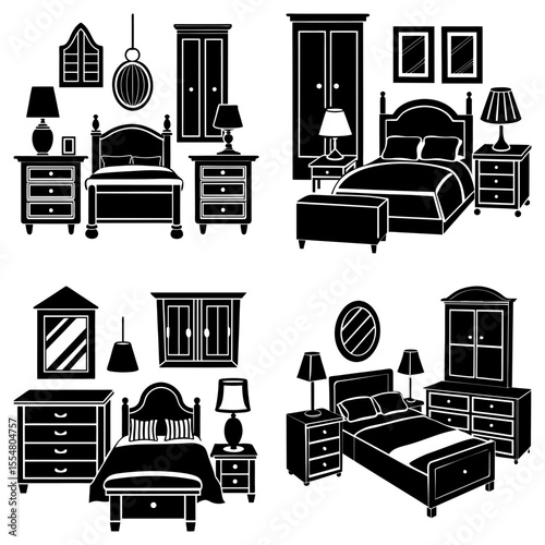 Illustration showcasing four distinct bedroom furniture sets in a monochrome black and white color scheme