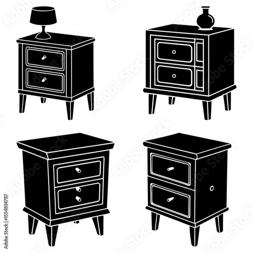 Illustration of four black bedside tables with different designs and accessories on top of them