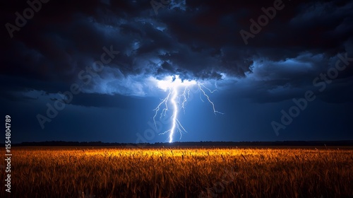 A dramatic lightning bolt strikes a golden wheat field du a powerful nighttime thunderstorm, illuminating the dark stormy sky with intense light and creating a breathtaking