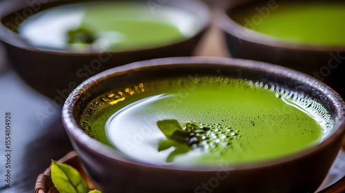 A serene morning matcha tea ceremony unfolds with three bowls of vibrant green Japanese matcha tea, showcasing the harmonious vibe and soft morning light enhancing the tranquil