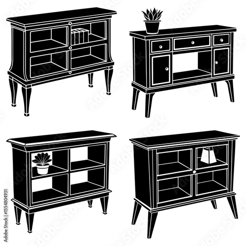 Four furniture pieces showcasing different cabinet designs in a black and white illustration style