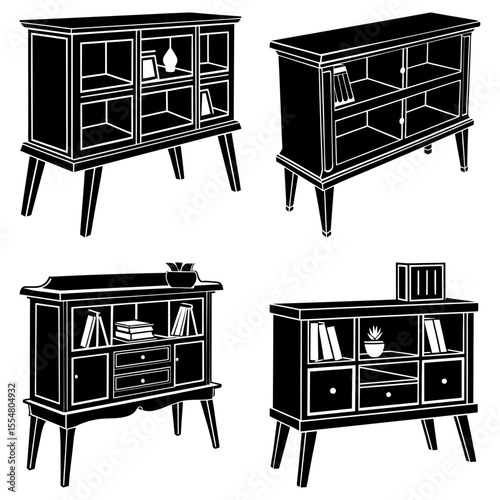 Four different styles of cabinets and sideboards with various arrangements of shelves and drawers shown