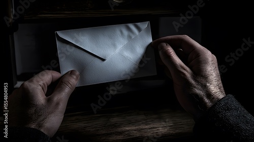 A dejected job seeker sits in dim light, hands carefully holding a rejection letter received in the mail, feeling defeated and hopeless after numerous unsuccessful applications.