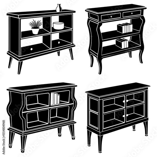 Four different styles of cabinets displayed in black and white with various shelf arrangements and decorations