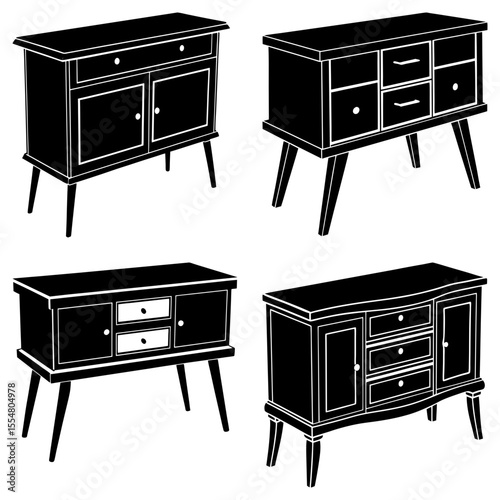 Collection of four black and white vintage style cabinets with drawers and doors on legs design