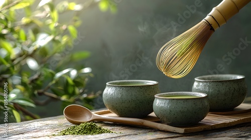 A tranquil scene depicts the peaceful matcha whisking ritual; soft daylight illuminates the vibrant green matcha powder, bamboo whisk, and three elegant ceramic bowls on a rustic