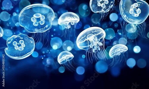 Bioluminescent jellyfish in a deep blue ocean