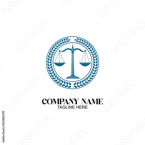 Law Firm Balance Seal: A minimalist graphic logo featuring a balance scale encased in a laurel wreath, symbolizing justice and fairness for a law firm.