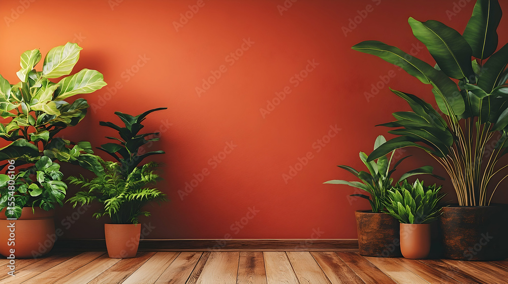 Fototapeta premium Lush green plants in terracotta pots against burnt orange wall