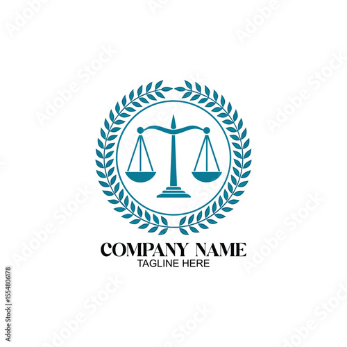 Justice Emblem: A timeless symbol of justice, rendered in a clean and professional style. A balanced scale of justice sits elegantly within a laurel wreath, with text fields.