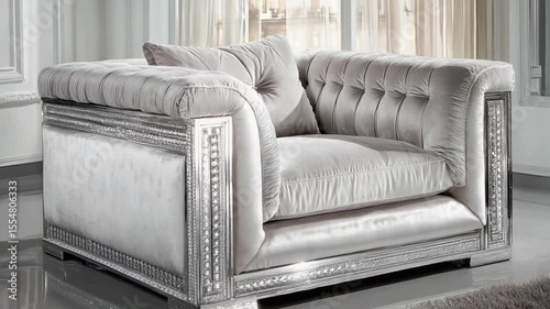 Elegant light gray velvet chaise lounge with ornate silver frame and crystal accents