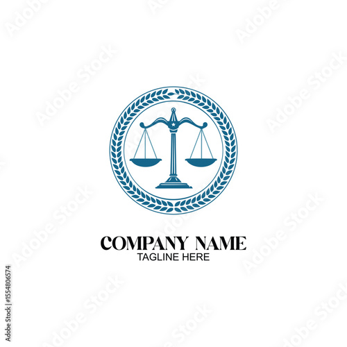 Justice and Law: A sophisticated logo featuring a balanced scale, encircled by a laurel wreath, and an emblem of justice, representing principles of law and fairness.