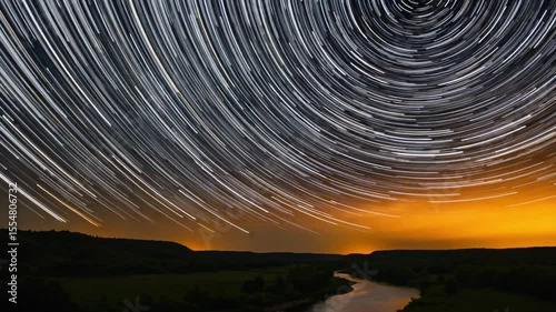 Star trails over a serene river landscape at twilight, showcasing nature's beauty
