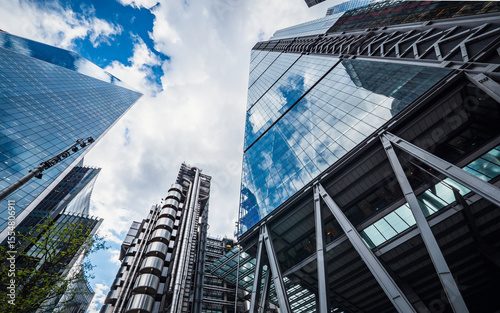 City of London Skyscrapers. A low, wide angle view of the contemporary architecture within the financial City of London district of the UK capital city.