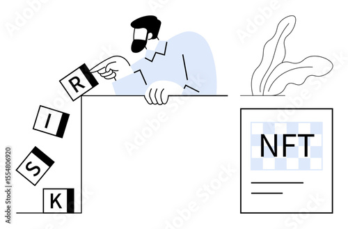 Person balancing risk blocks while considering NFT investment. Ideal for finance, strategy, risk management, market trends, decision-making, cryptocurrency, and technology topics. Simple flat
