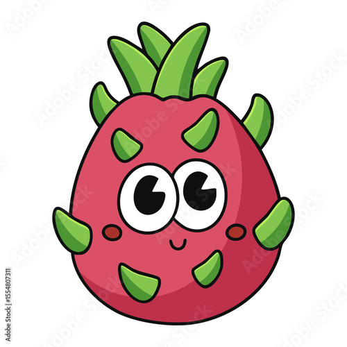Cute cartoon dragon fruit with smiling face and big eyes isolated on white background