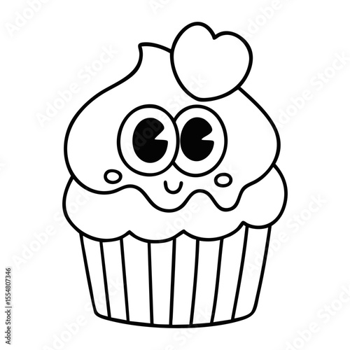 Cute cupcake with heart topping and big cartoon eyes isolated on white background