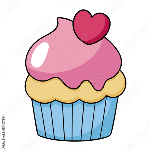 Cute pink cupcake with heart topping and pastel icing isolated on white background
