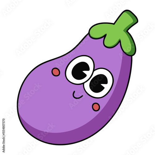 Cute cartoon eggplant with big eyes isolated on white background