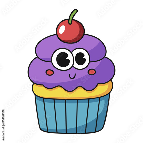 Cute purple cupcake with cherry and big eyes isolated on white background