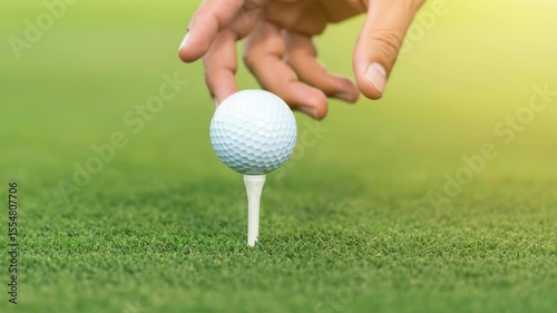 hand of a golfer preparing to tee off a white golf ball on a lush green course under warm sunlight, showcasing focus and precision in the game of golf.