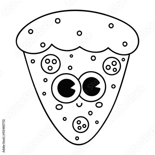 Cute pizza slice coloring page with big eyes and smile isolated on white background