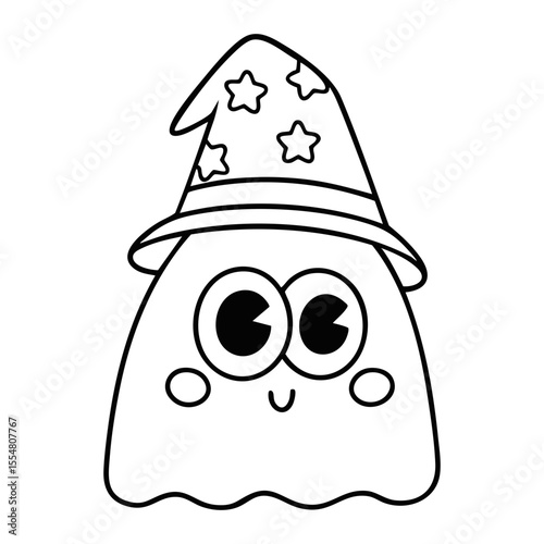 Cute ghost with wizard hat coloring page line art for kids isolated on white background
