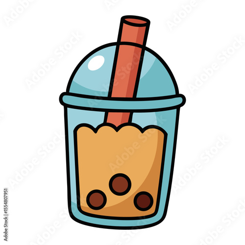 cartoon bubble tea drink with straw and tapioca balls isolated on white background

