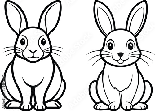 Cute, simple line art of two cartoon rabbits sitting facing forward.