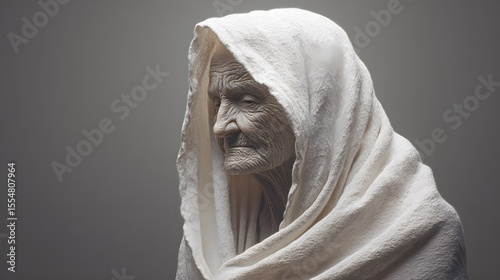 Portrait of an old woman sculpture with white shawl art and fine details