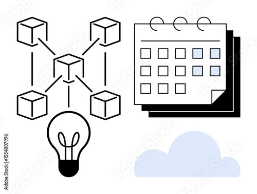 Interconnected blocks, spiral calendar, cloud icon, and light bulb symbolizing blockchain, time management, innovation. Ideal for teamwork, productivity, scheduling innovation cloud computing