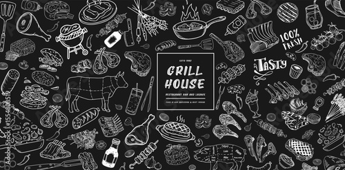 Vintage restaurant menu, hand drawn food on a chalkboard.