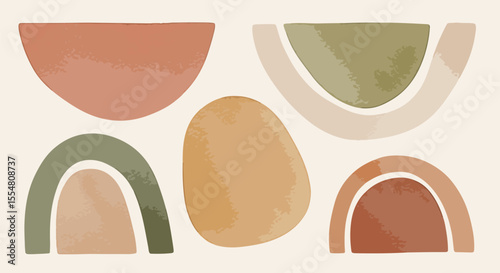 minimal abstract watercolor composition with irregular organic shapes, soft earth tones, modern design, white background