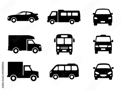 Set of Vehicle Icons in Black. Cars, Vans, Trucks, and Buses in Front and Side Views