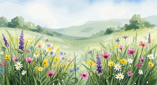  A joyful watercolor illustration of a blooming wildflower meadow, filled with soft spring colors and expressive brushwork.