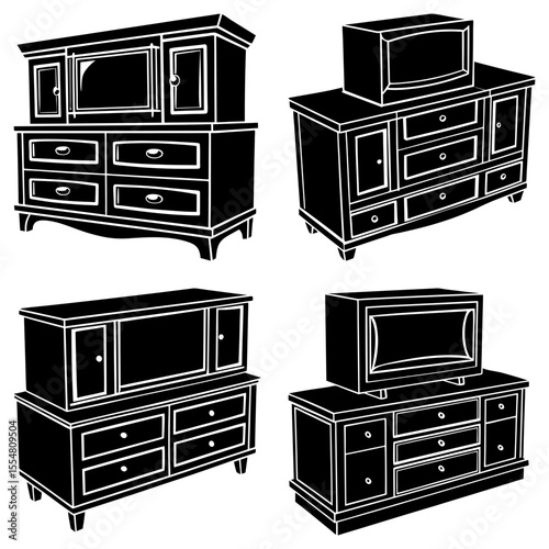 Four black and white illustrations of dressers and cabinets with drawers and doors in various styles
