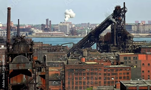 Industrial cityscape with rusty metal structures and smokestacks