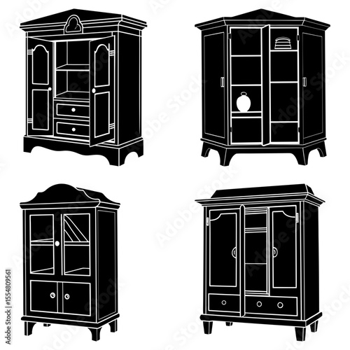 Four different styles of antique cabinets and cupboards in black and white illustration style