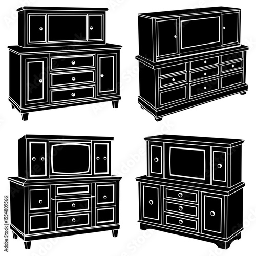 Four black and white illustrations of dressers with drawers and cabinet doors in different arrangements