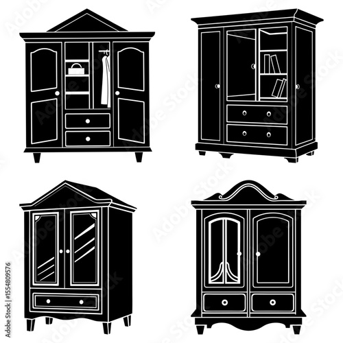Four wardrobe silhouettes showcasing different designs and styles in a black and white illustration