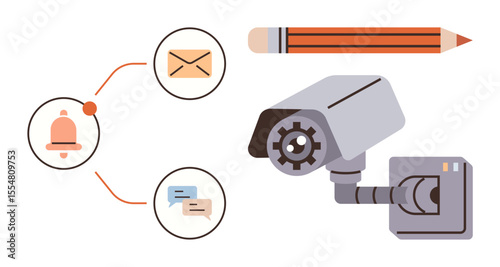 Security camera with lens gear, notification icons for email and messaging, and a pencil symbolizing communication. Ideal for security, monitoring, notifications, communication, digital tools, tech