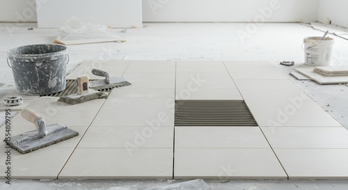 Tile installation in progress