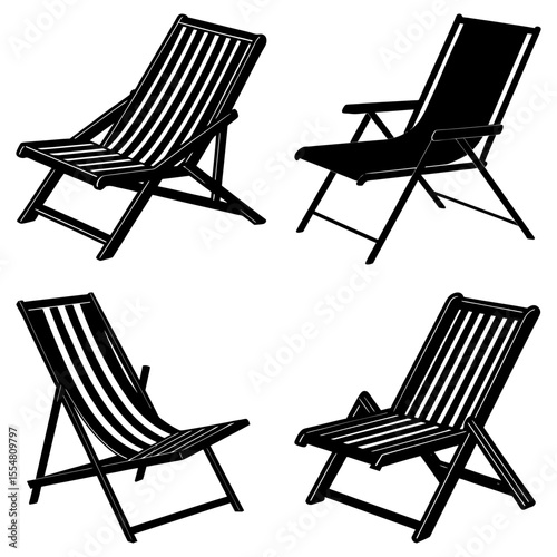 Four black and white silhouettes of different styles of folding beach chairs on a white background