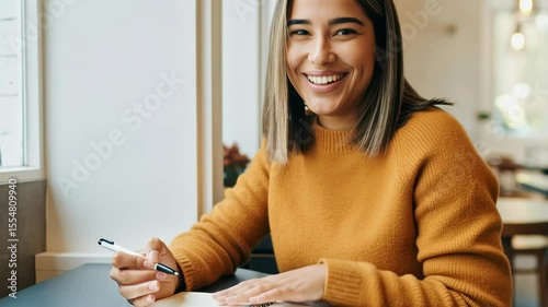 young woman in a cozy cafe, joyfully writing in her notebook with a pen, expressing creativity and focus while enjoying a warm ambiance
