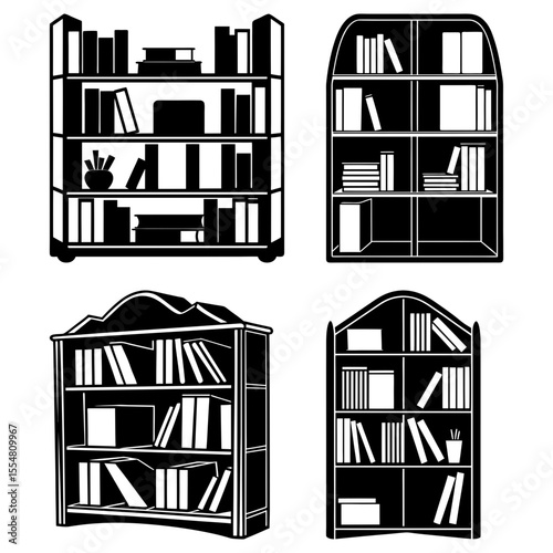 Silhouetted bookshelves with books isolated on a white background