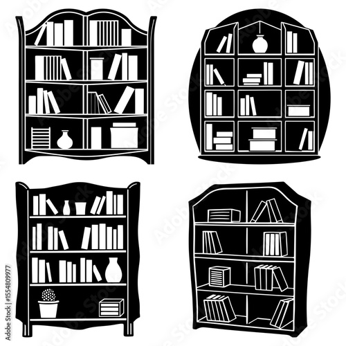 Silhouetted bookshelves with books isolated on a white background