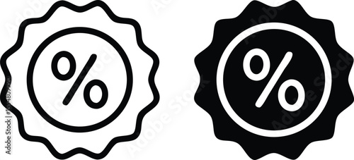 Minimalist Black Badge Icon with White Percentage Symbol in Scalloped Shape – Flat Vector Illustration
