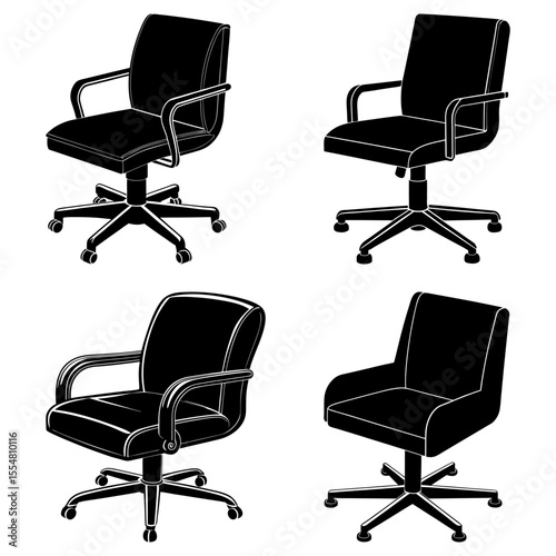 Four office chairs isolated on white background in different styles